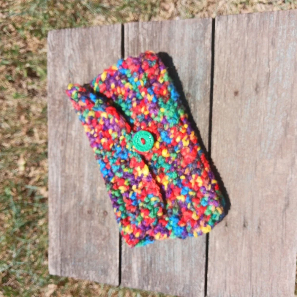 Handknit Crocheted RAINBOW Small organizer make up Bag Boho Hippie Cute Vintage